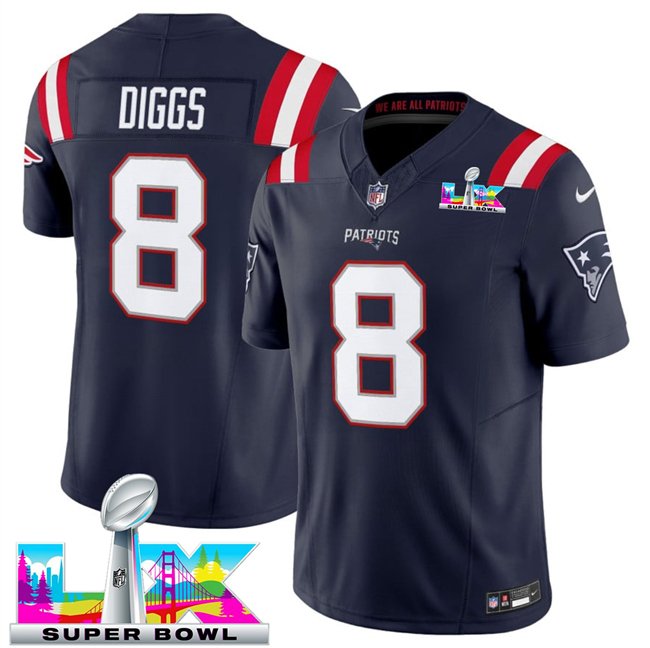 Men's New England Patriots #8 Stefon Diggs Navy 2025 F.U.S.E. Super Bowl LX Patch Vapor Limited Stitched Football Jersey